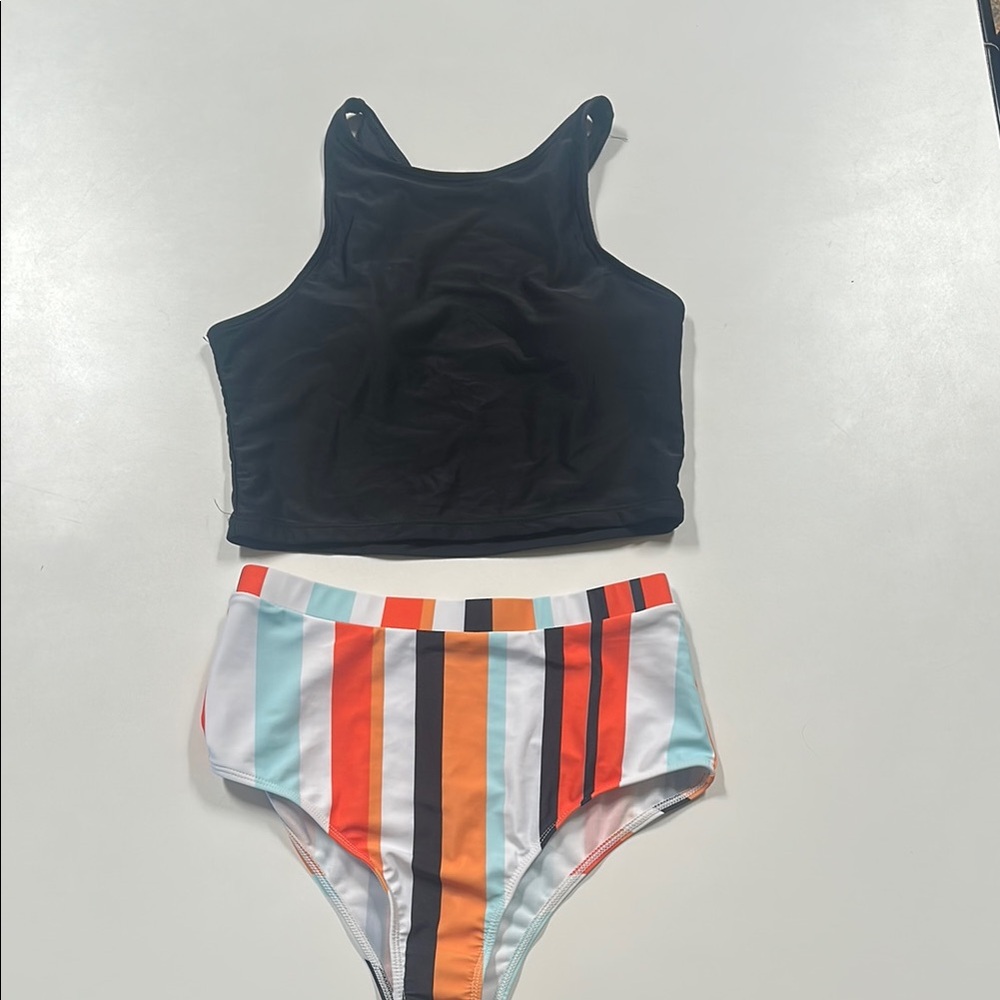 Womens Swim Set - Black Top with Striped Bottoms